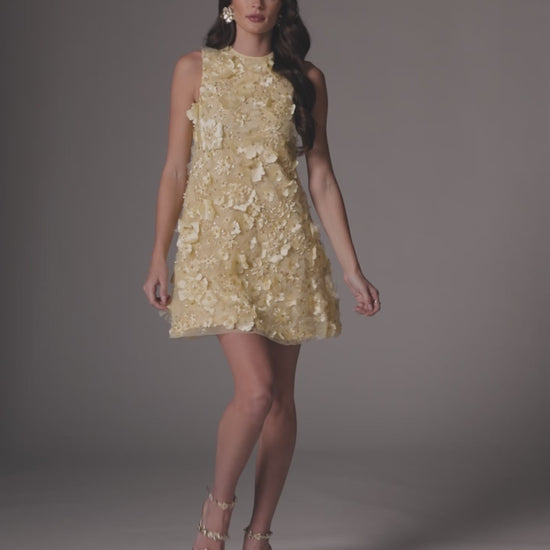 Yellow 3D Floral Embellished Sleeveless Mini Dress Mac Duggal