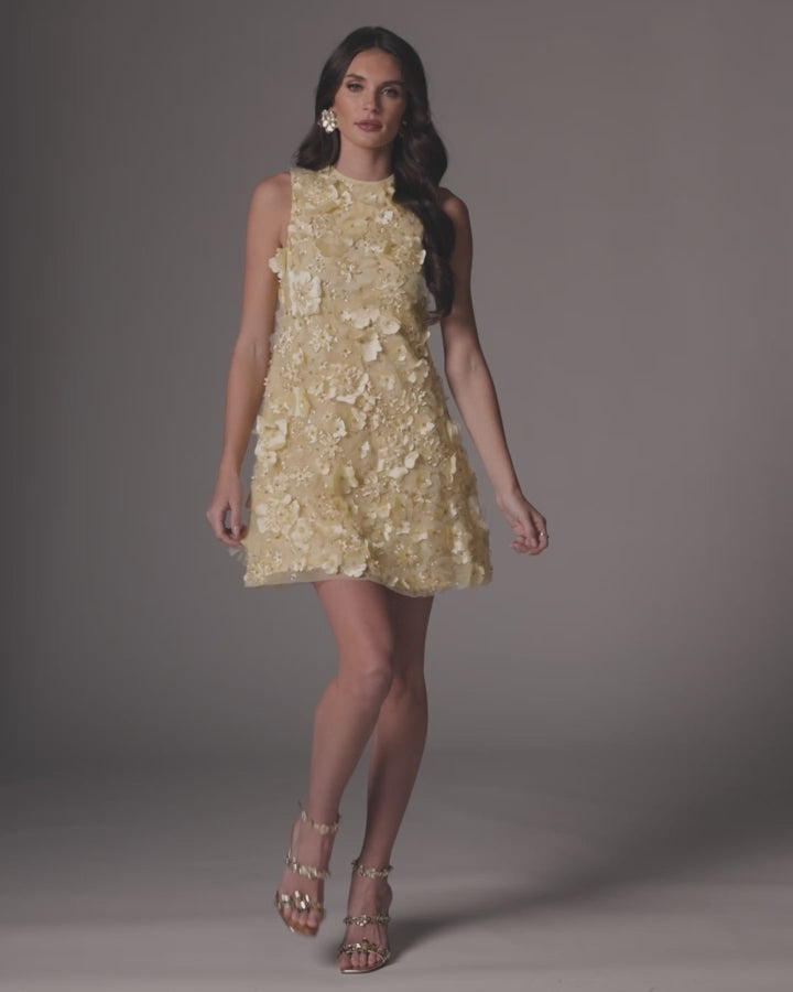 Yellow 3D Floral Embellished Sleeveless Mini Dress Mac Duggal