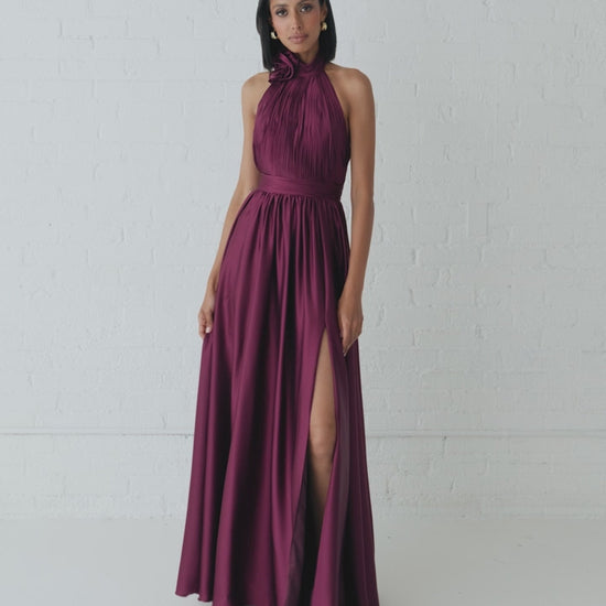 Purple Soft Tie Halter Neck High Slit Gown - Mac Duggal