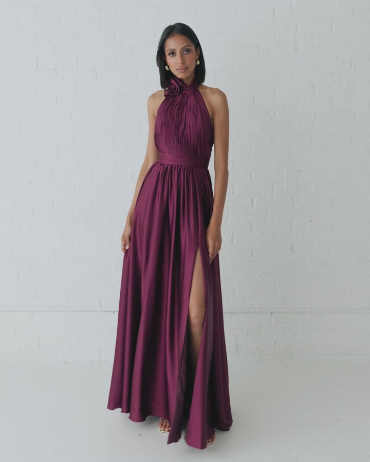 Purple Soft Tie Halter Neck High Slit Gown - Mac Duggal