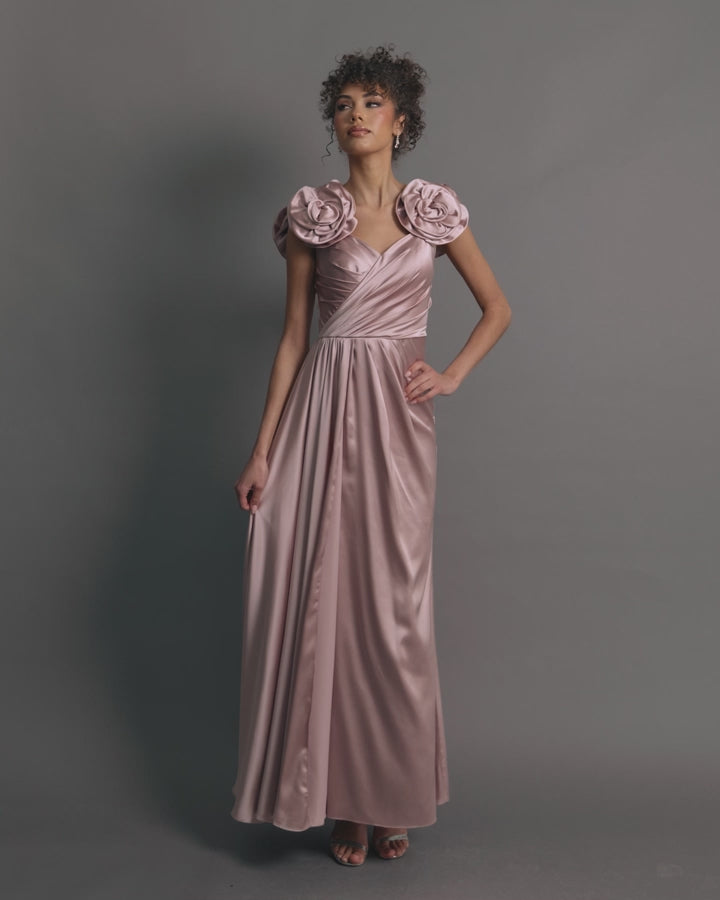 Pink Satin Faux Wrap Gown With 3D Flower Straps - Ieena for Mac Duggal