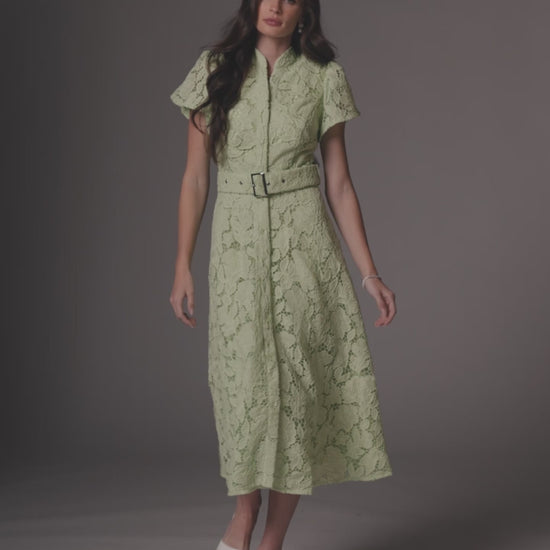 Green Embroidered Lace Belted Midi Dress Ieena for Mac Duggal