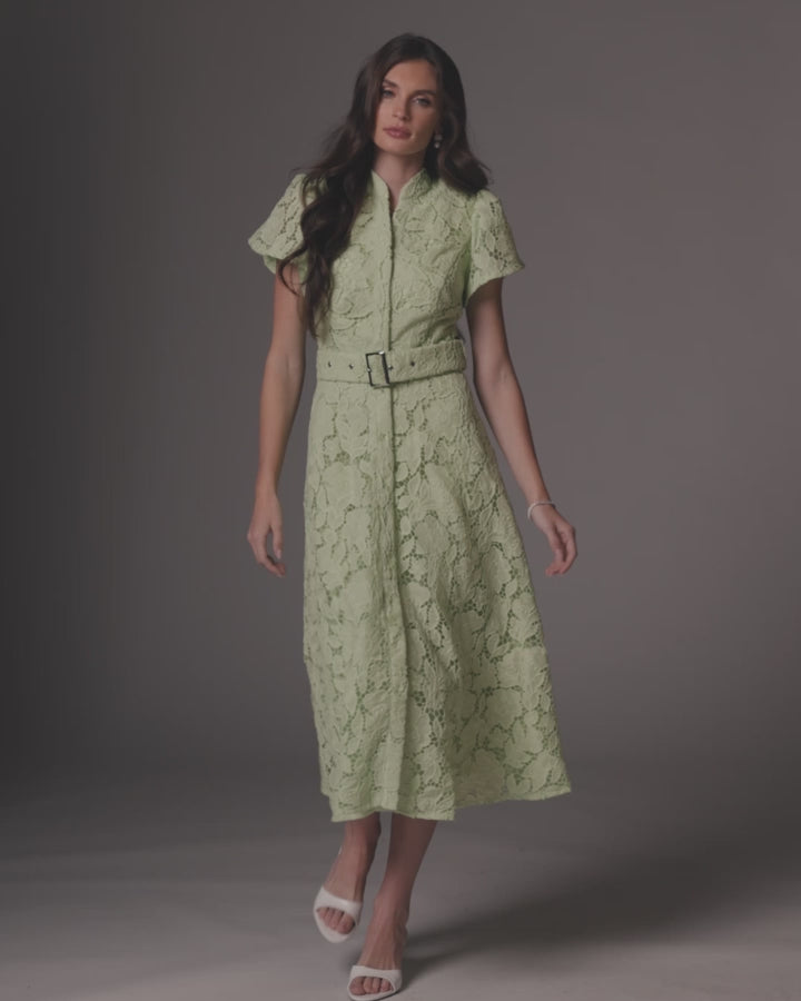 Green Embroidered Lace Belted Midi Dress Ieena for Mac Duggal