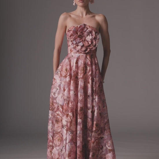 Pink Strapless Floral Printed A-Line Gown With 3D Flower - Ieena for Mac Duggal