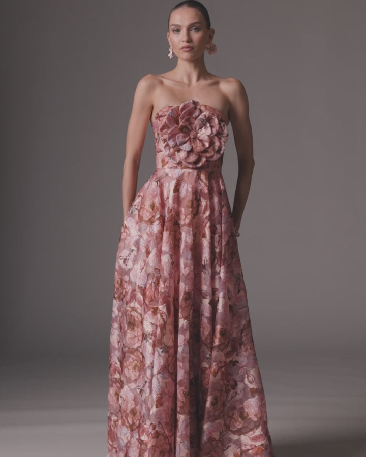 Pink Strapless Floral Printed A-Line Gown With 3D Flower - Ieena for Mac Duggal