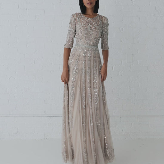 Beige 3/4 Sleeve Embellished A Line Gown - Mac Duggal