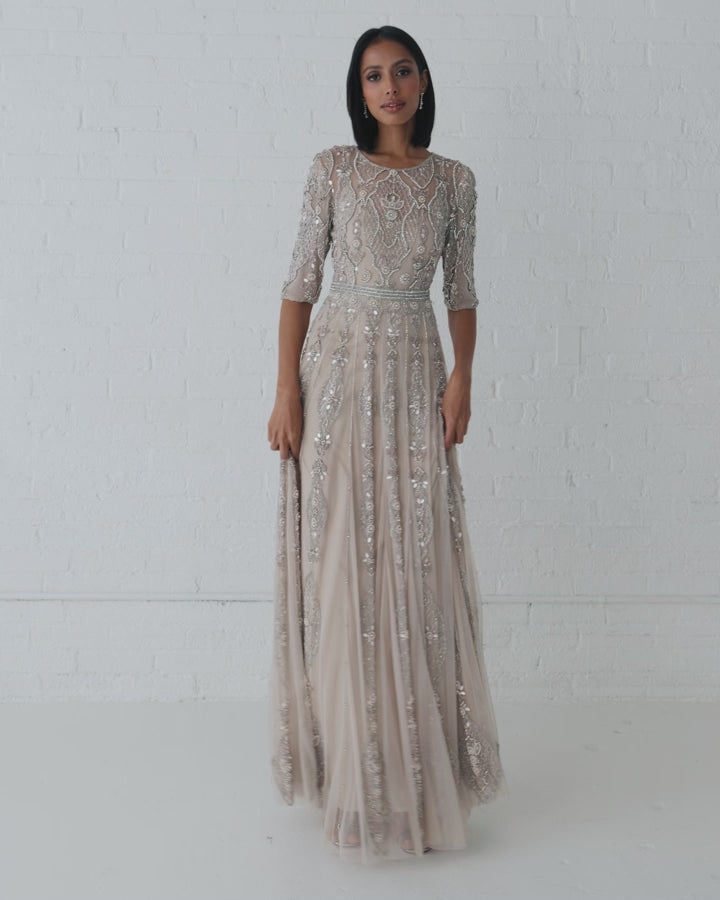Beige 3/4 Sleeve Embellished A Line Gown - Mac Duggal