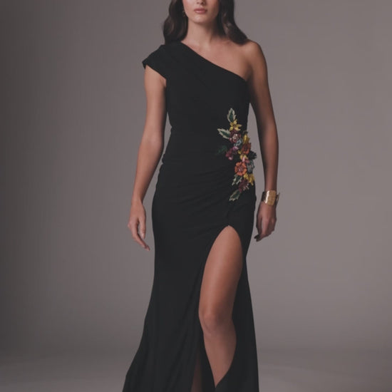 Black One Shoulder Beaded Jersey Gown - Mac Duggal