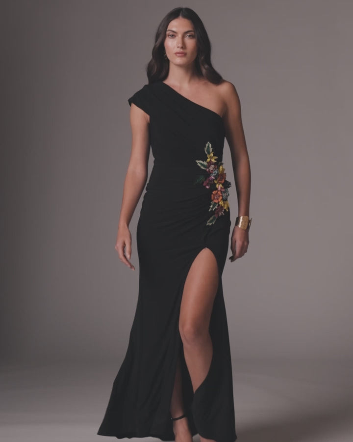 Black One Shoulder Beaded Jersey Gown - Mac Duggal