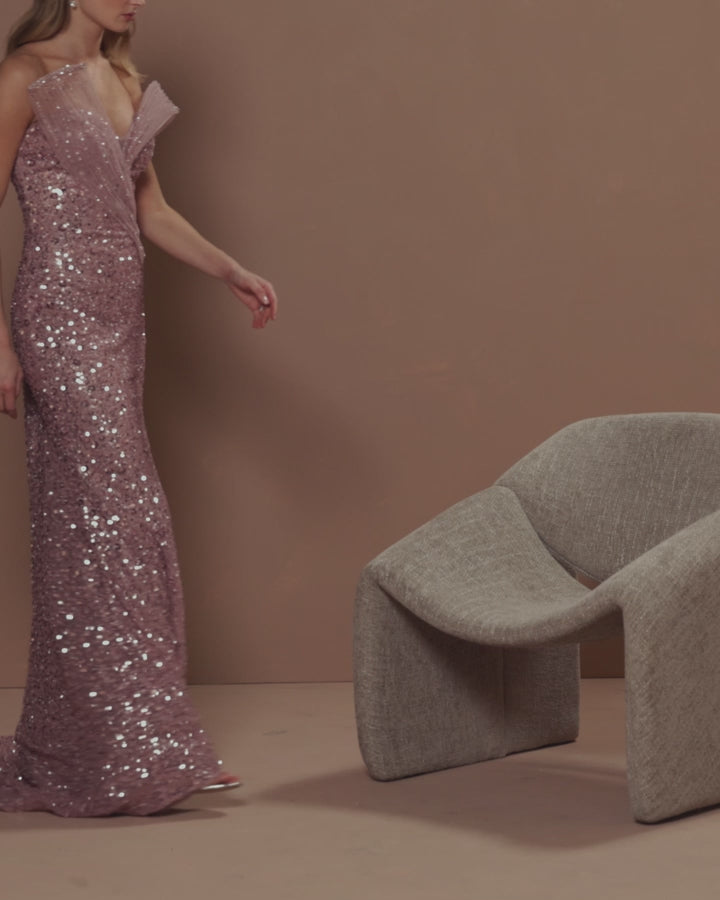 Pink Embellished Strapless Gown with Sculptural Drape - Mac Duggal