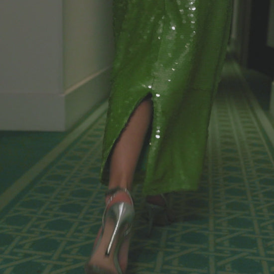 Green Sequin Halter Open Back Gown Ieena for Mac Duggal