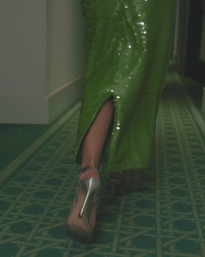 Green Sequin Halter Open Back Gown Ieena for Mac Duggal