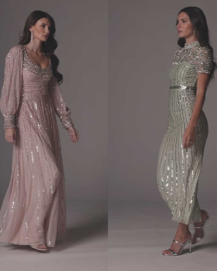 Pink Embellished Long Sleeve Scoop Neck A-Line Gown - Mac Duggal