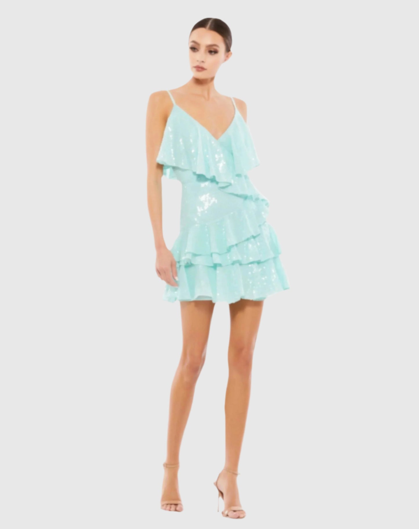 Sequined Ruffle Tiered Faux Wrap Mini Dress