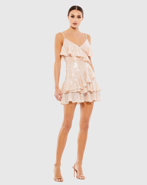 Sequined Ruffle Tiered Faux Wrap Mini Dress