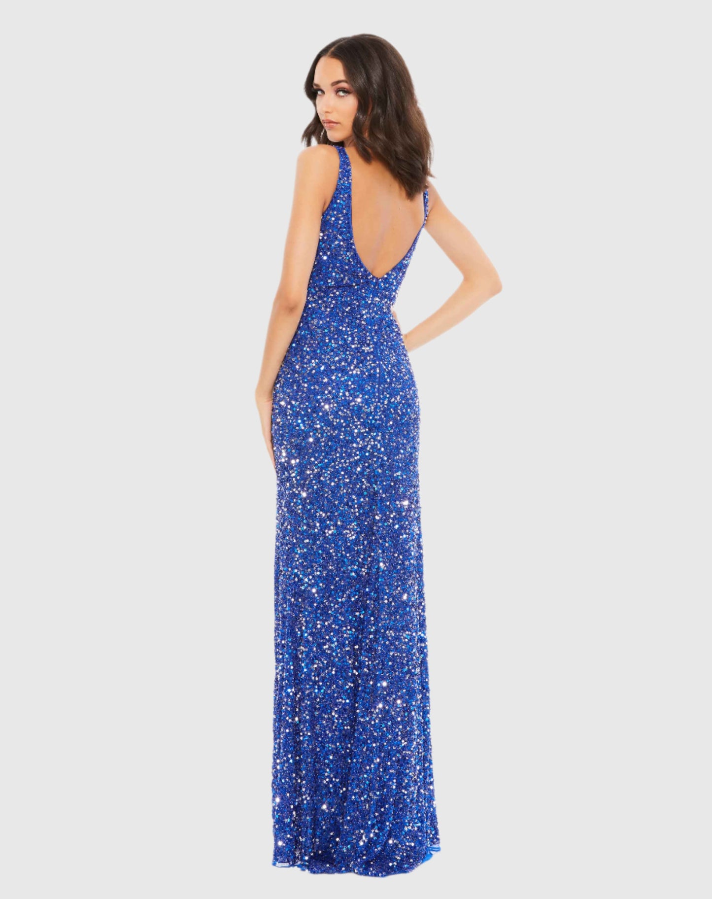 Sequined Sleeveless V Neck Side Slit Gown