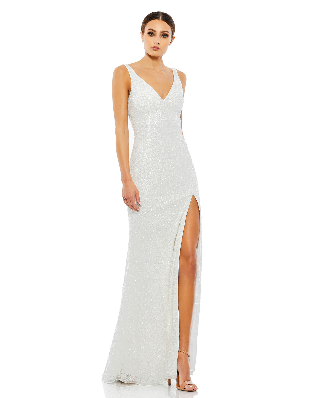 Sequined Sleeveless V Neck Side Slit Gown