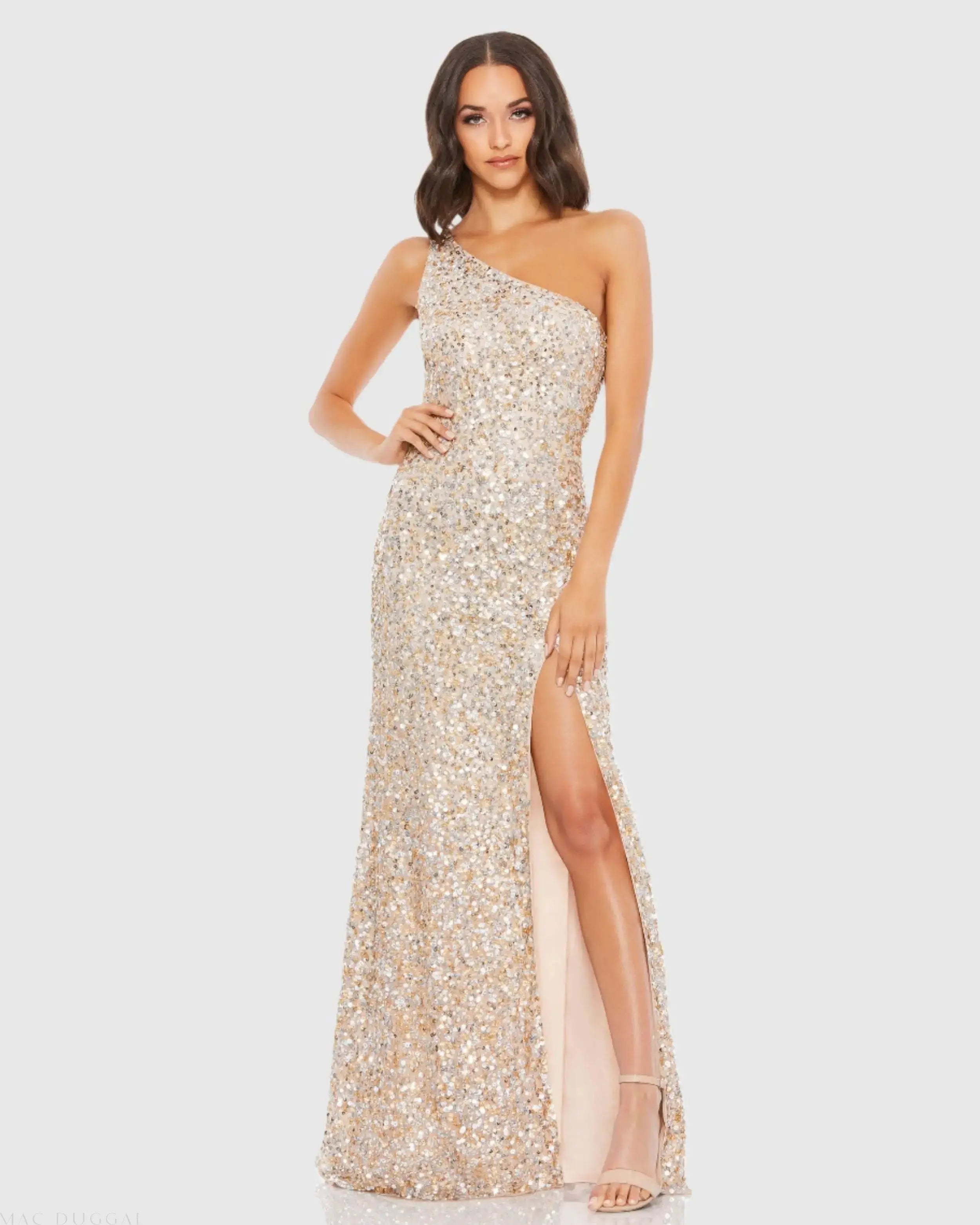 Beige Sequin One Shoulder Gown With Slit - Mac Duggal