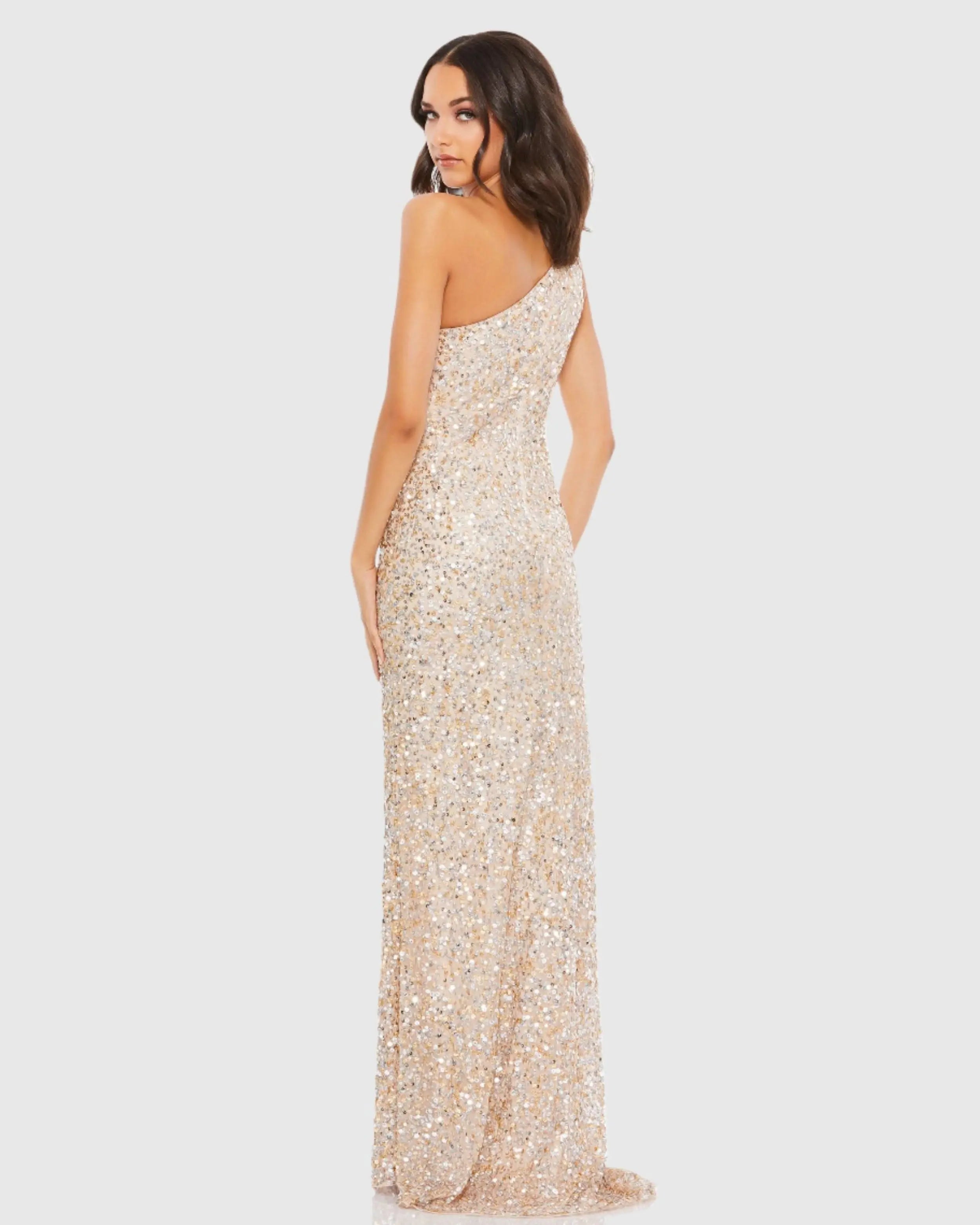 Beige Sequin One Shoulder Gown With Slit - Mac Duggal
