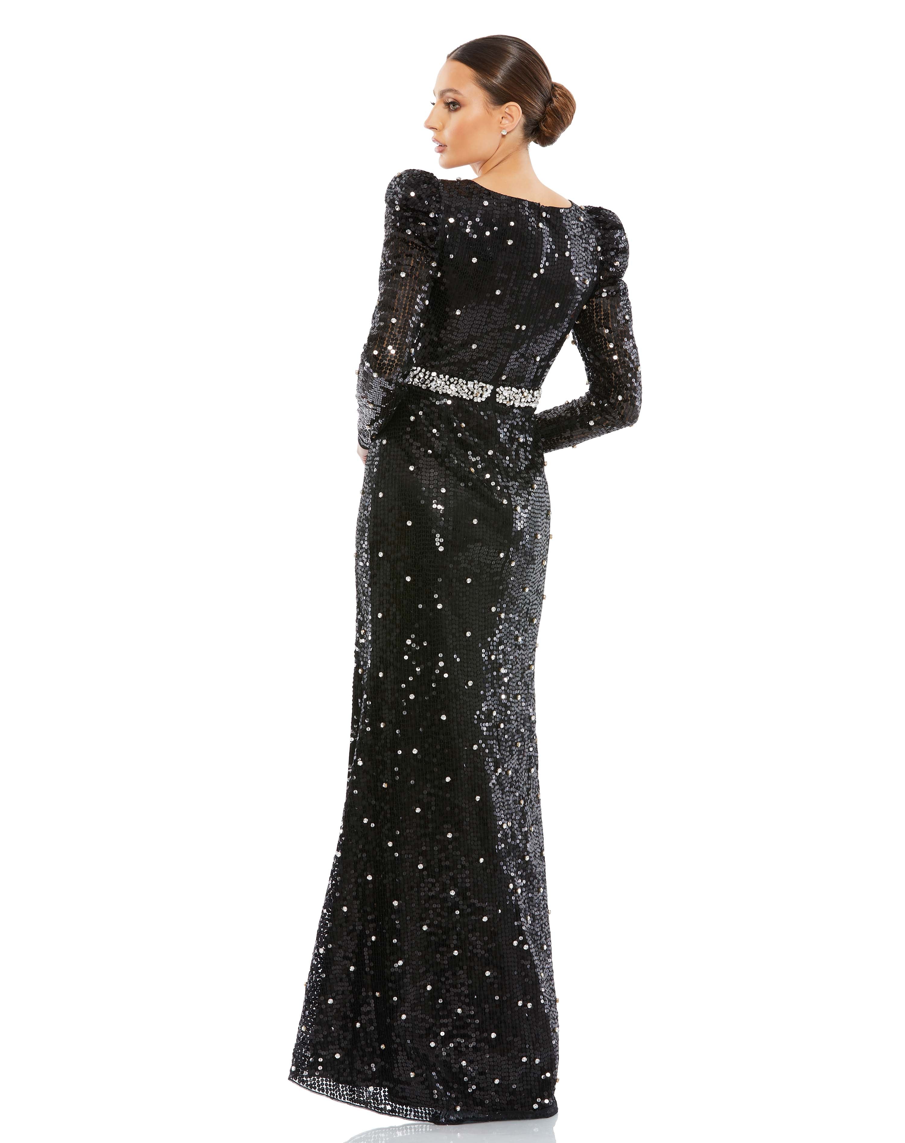 Sequined Faux Wrap Puff Sleeve Trumpet Gown