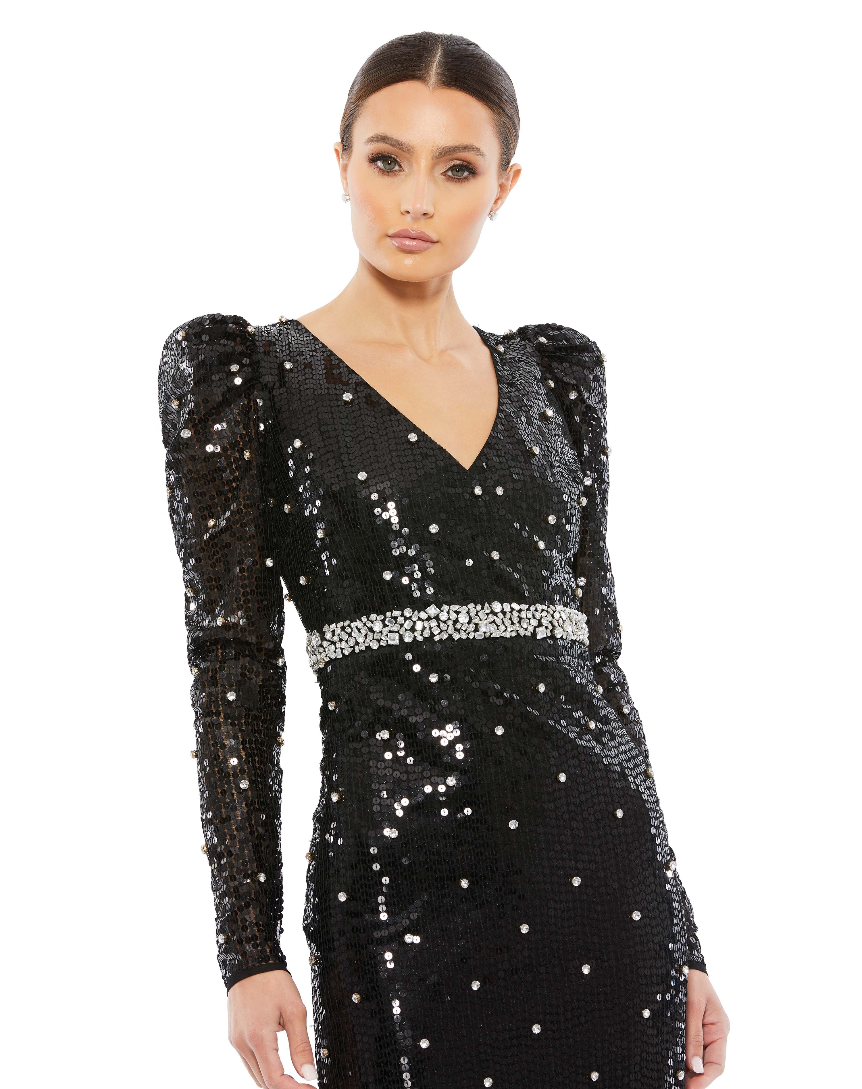 Sequined Faux Wrap Puff Sleeve Trumpet Gown