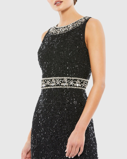 Black Embellished Sleeveless High Neck Midi Dress