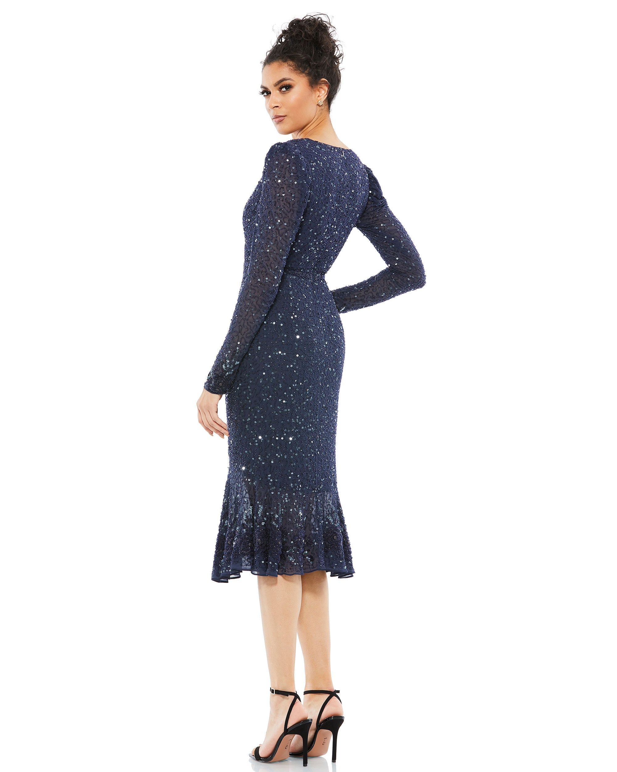 Sequin Gown with Embellished Hemline and Belt