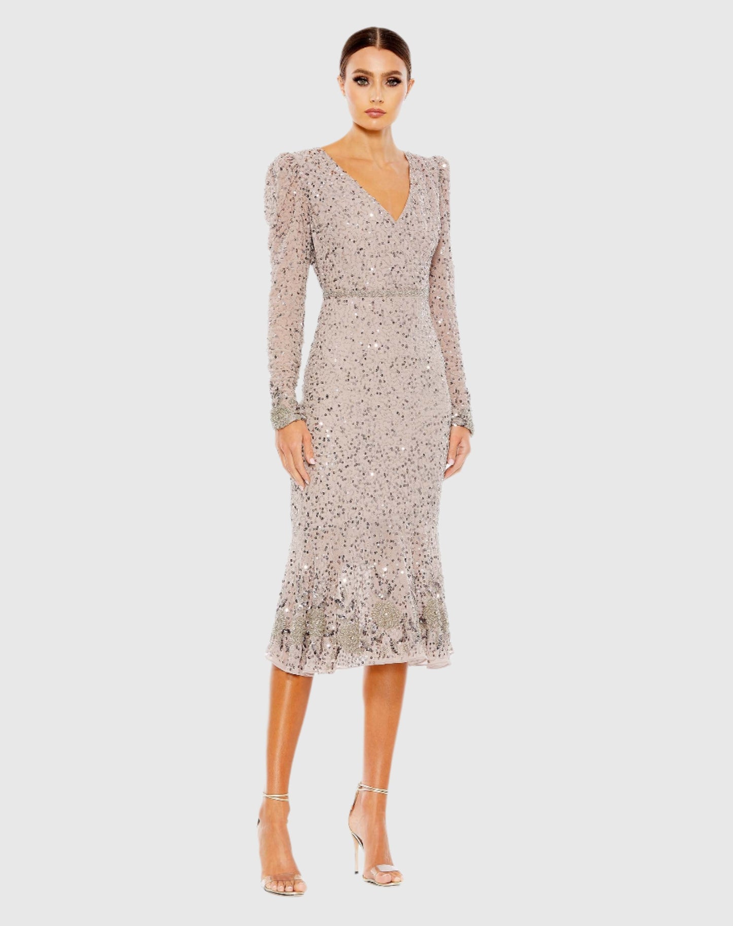 Sequin Gown with Embellished Hemline and Belt