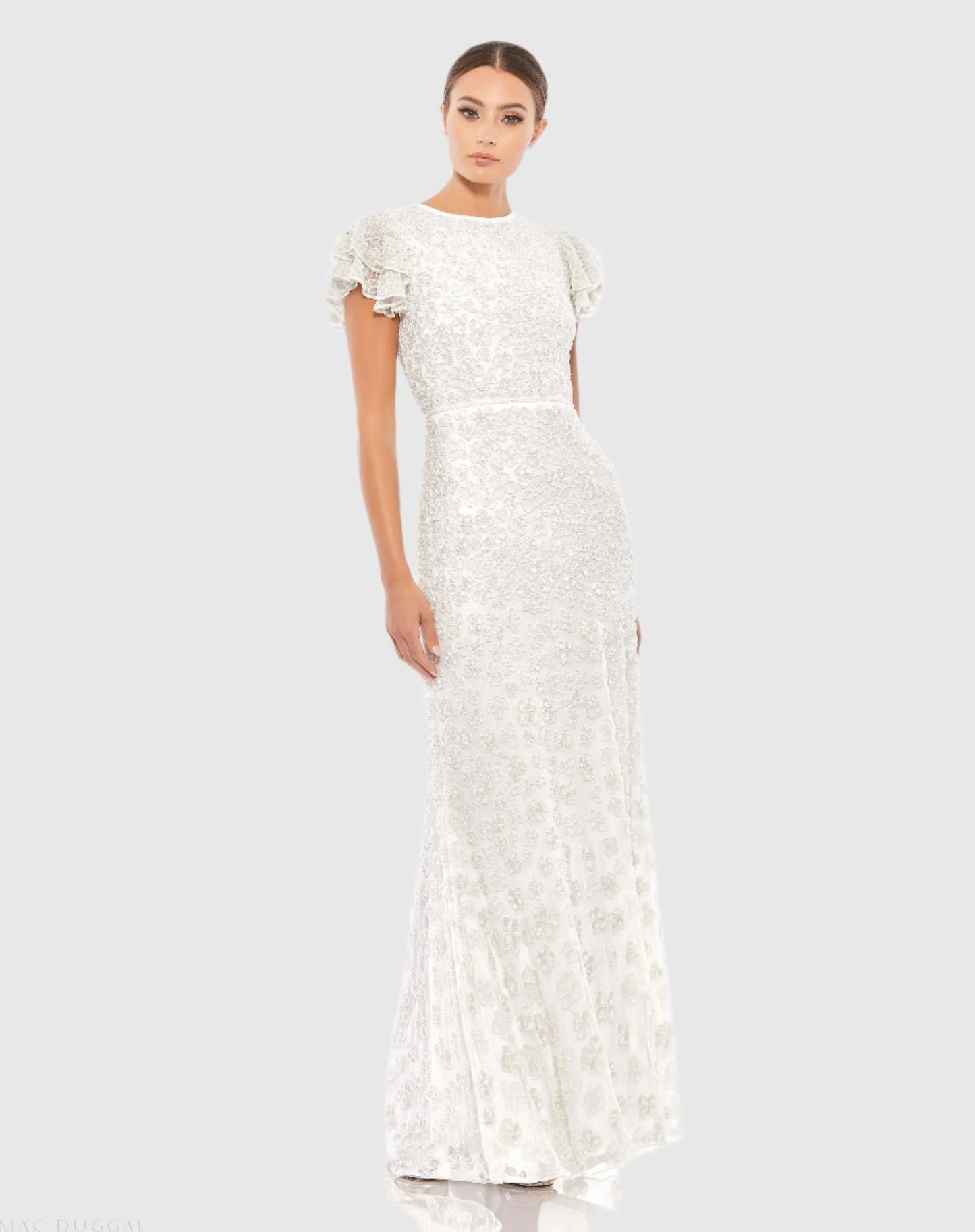 White High Neck Flutter Cap Sleeve Gown (Rue Gilt) - Mac Duggal