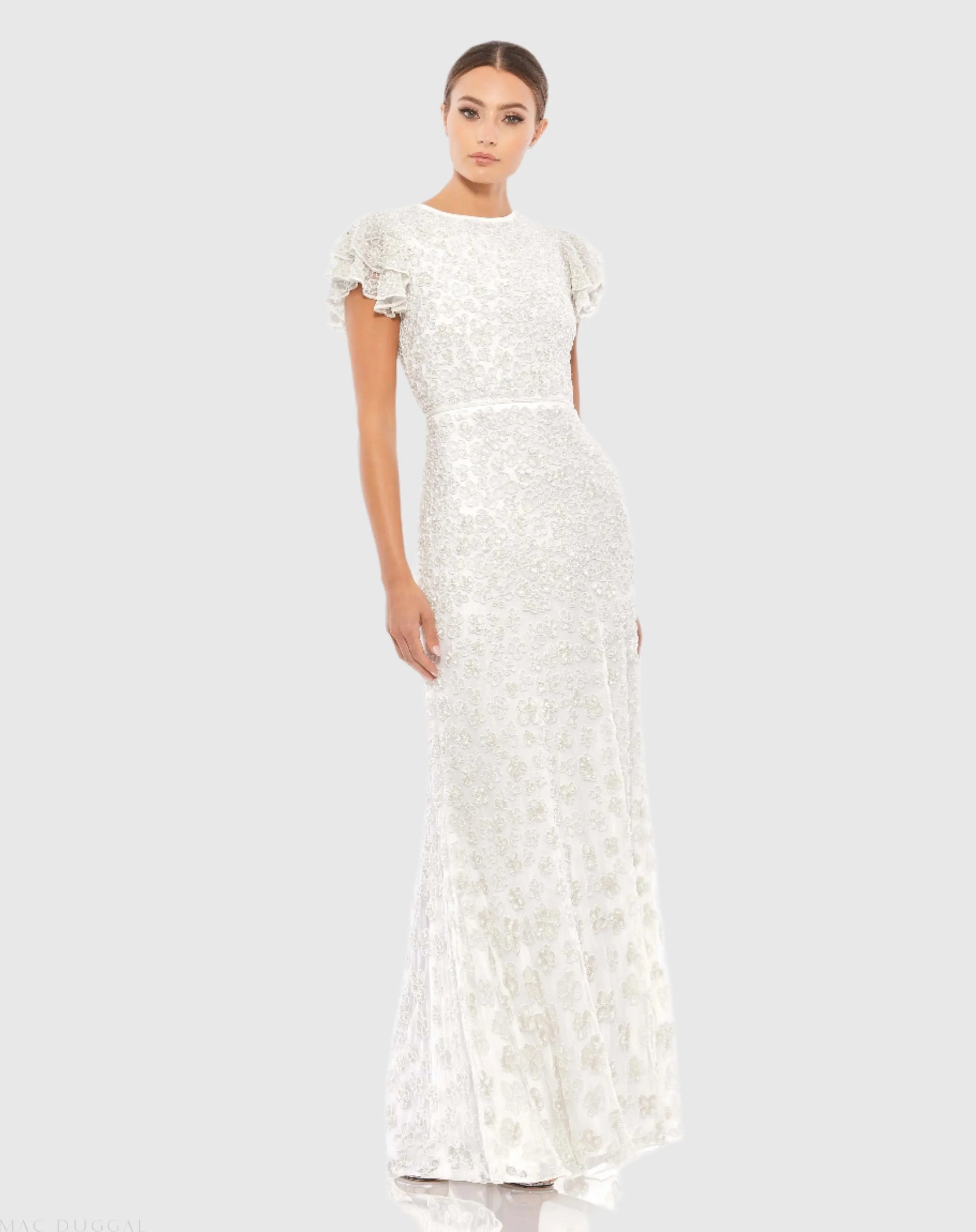 White High Neck Flutter Cap Sleeve Gown (Rue Gilt) - Mac Duggal