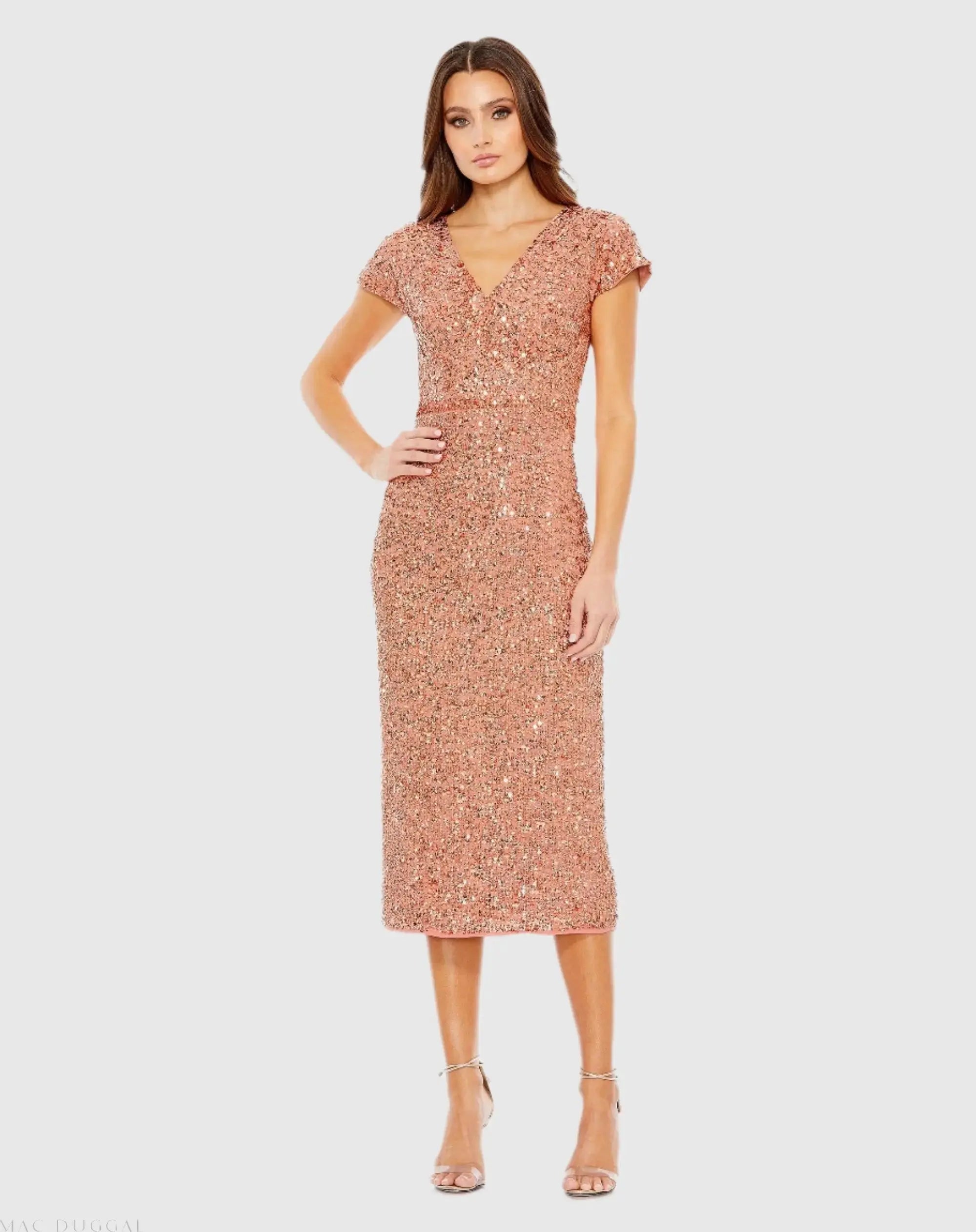 Orange Sequined Cap Sleeve Wrap Over Cocktail Dress - Mac Duggal