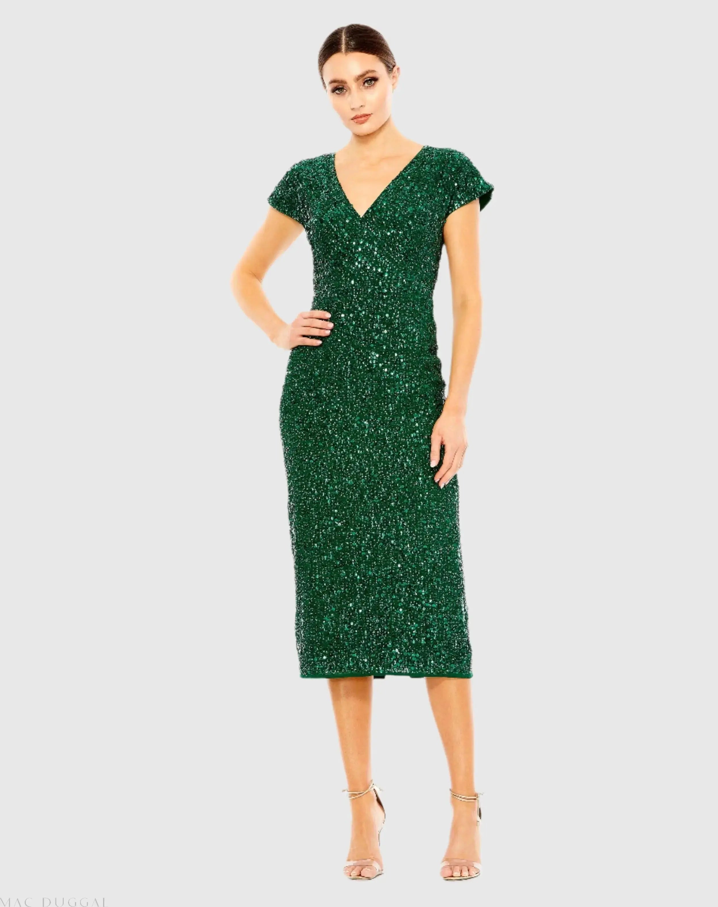 Dark Green Sequined Cap Sleeve Wrap Over Cocktail Dress - Mac Duggal