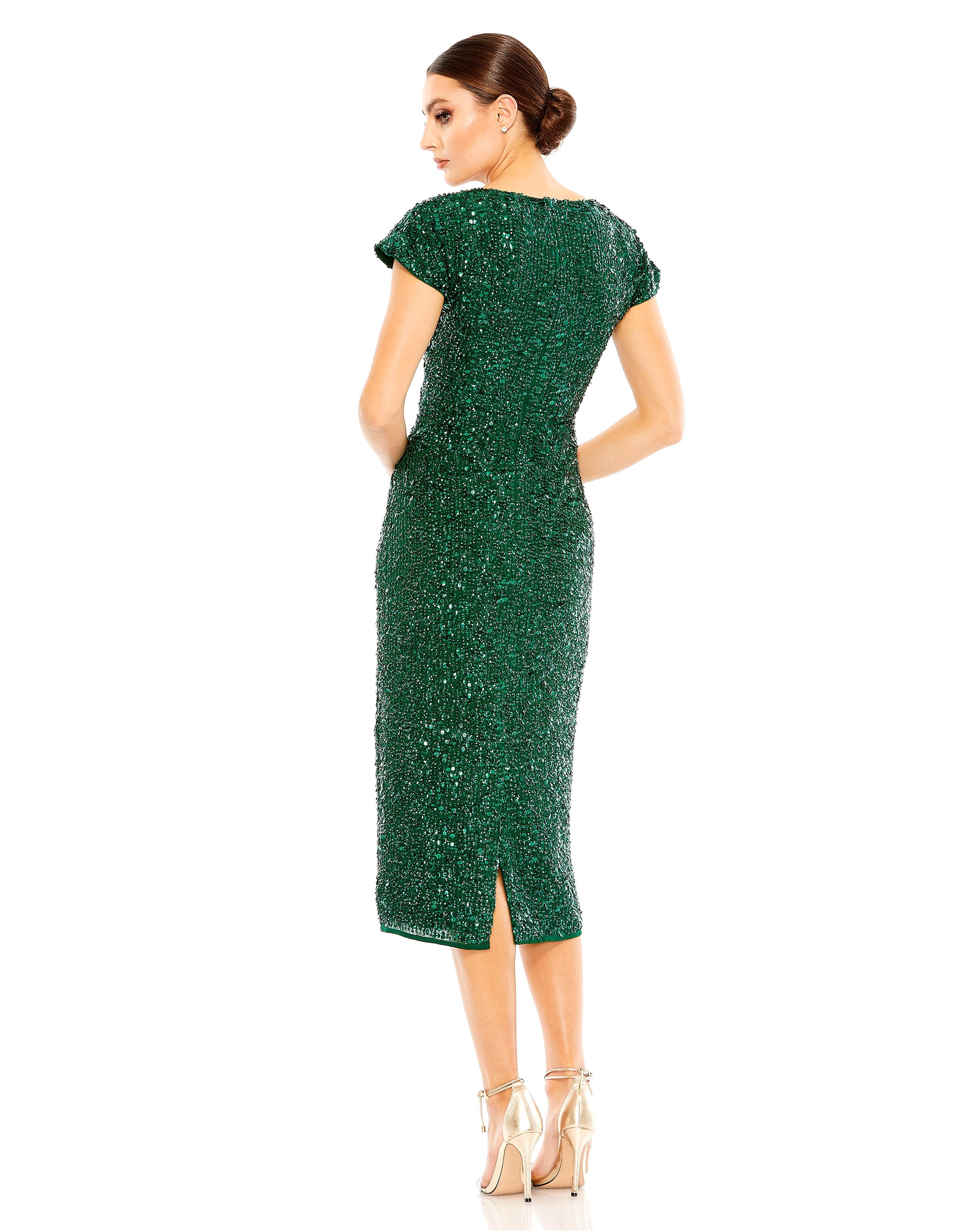 Sequined Short Sleeve Wrap Over Cocktail Dress