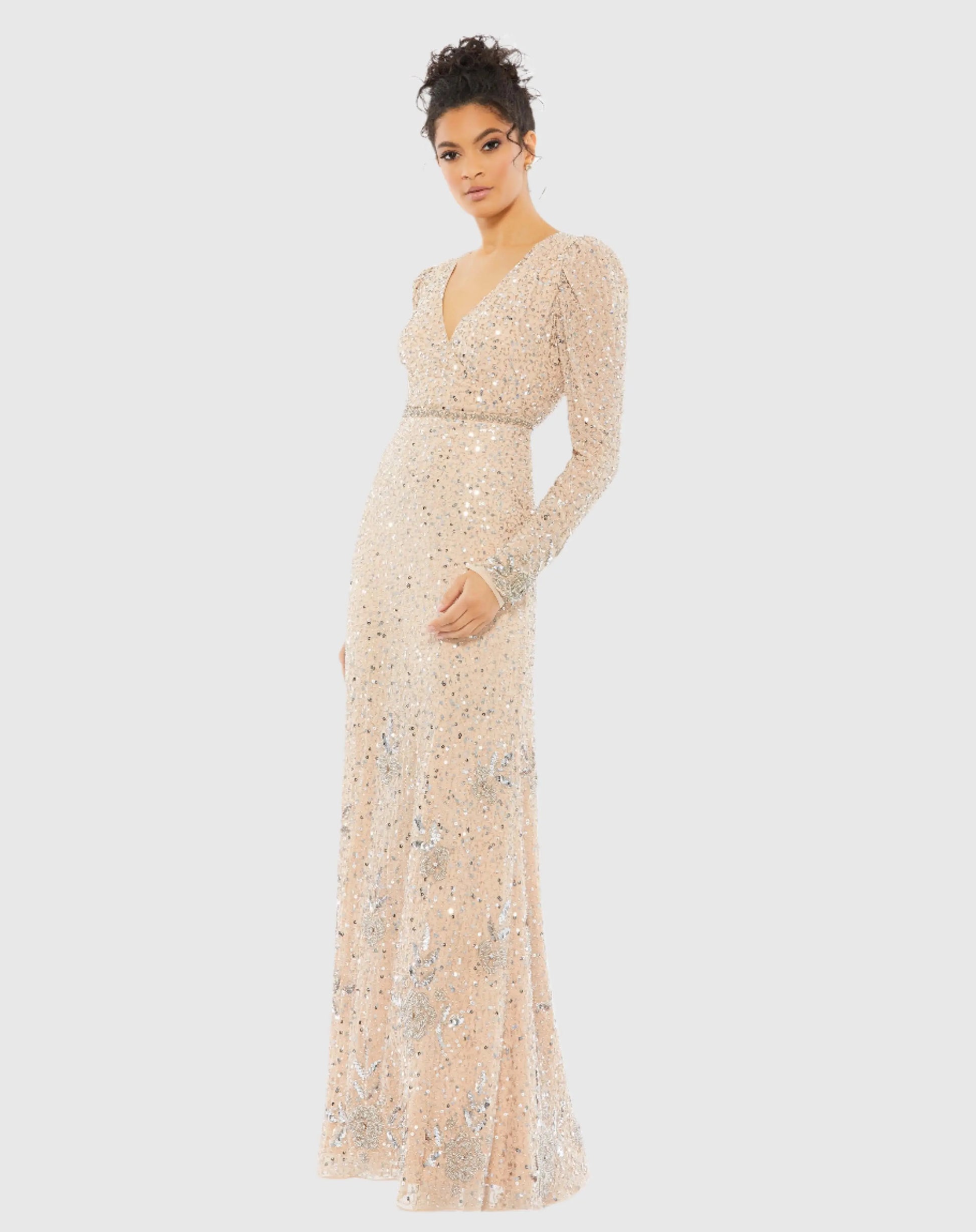 Beige Sequined Floral Embellished Long Sleeve Gown - Mac Duggal