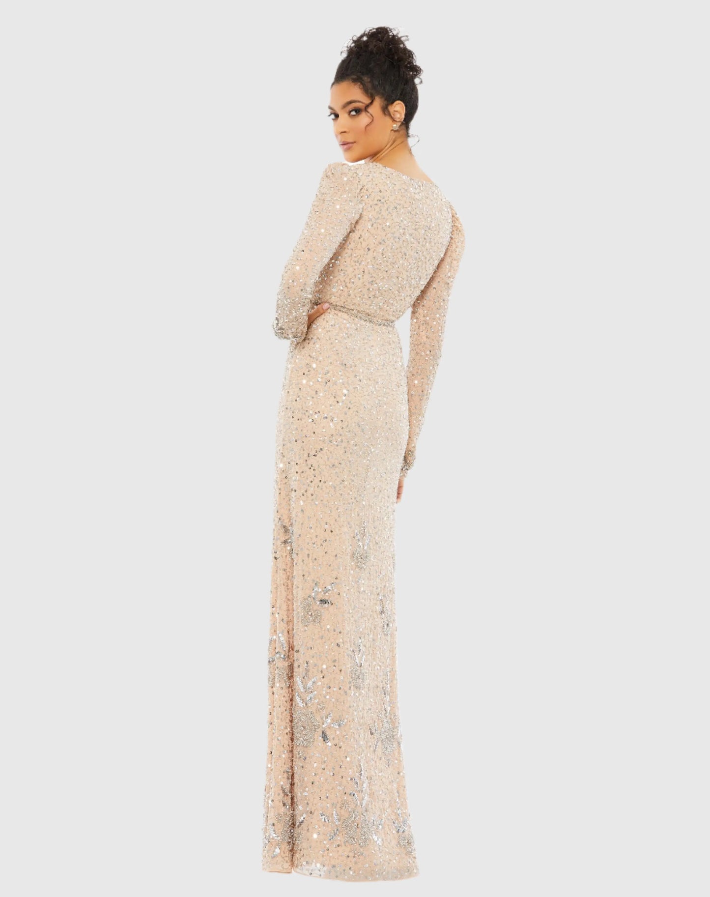 Beige Sequined Floral Embellished Long Sleeve Gown - Mac Duggal