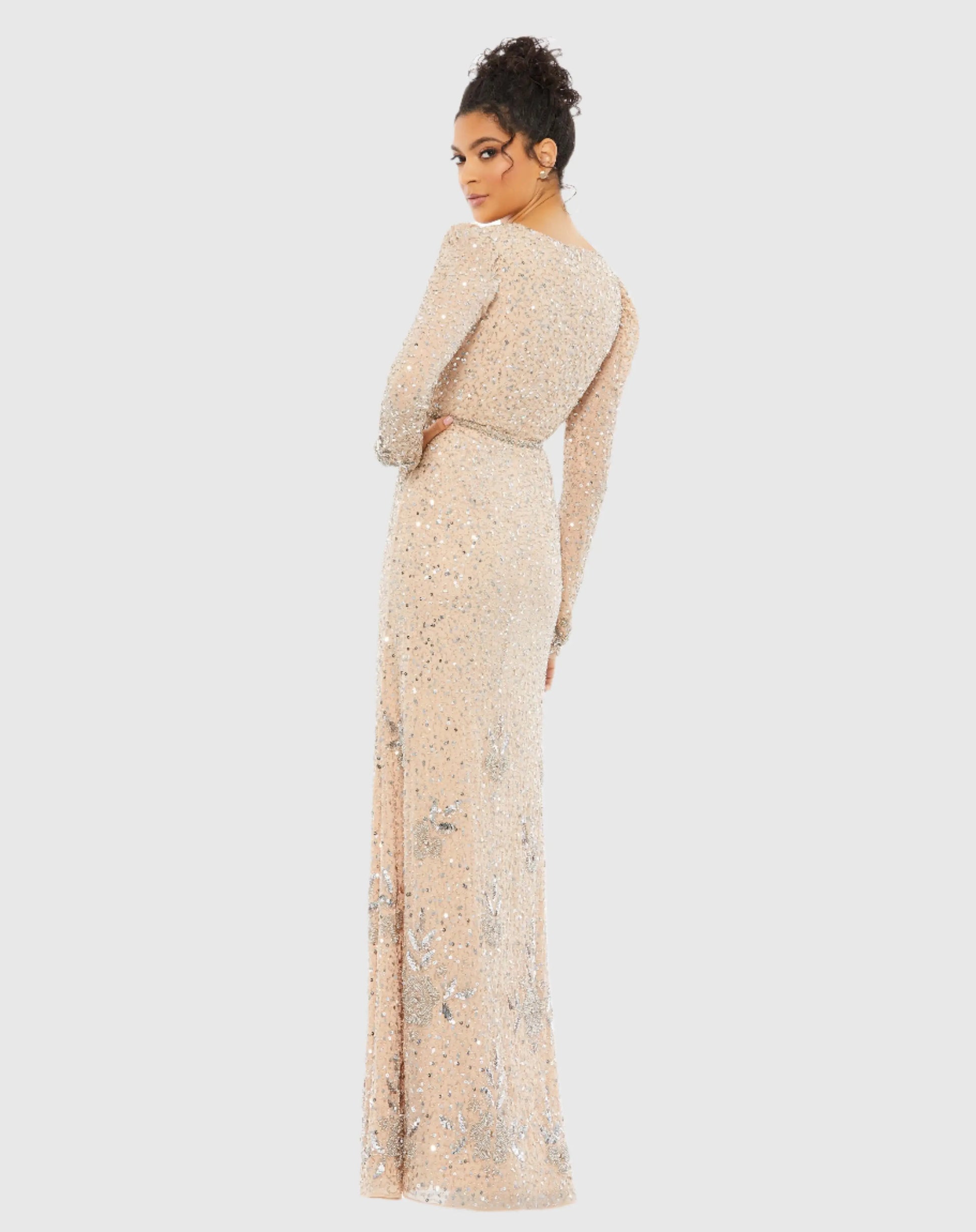 Beige Sequined Floral Embellished Long Sleeve Gown - Mac Duggal