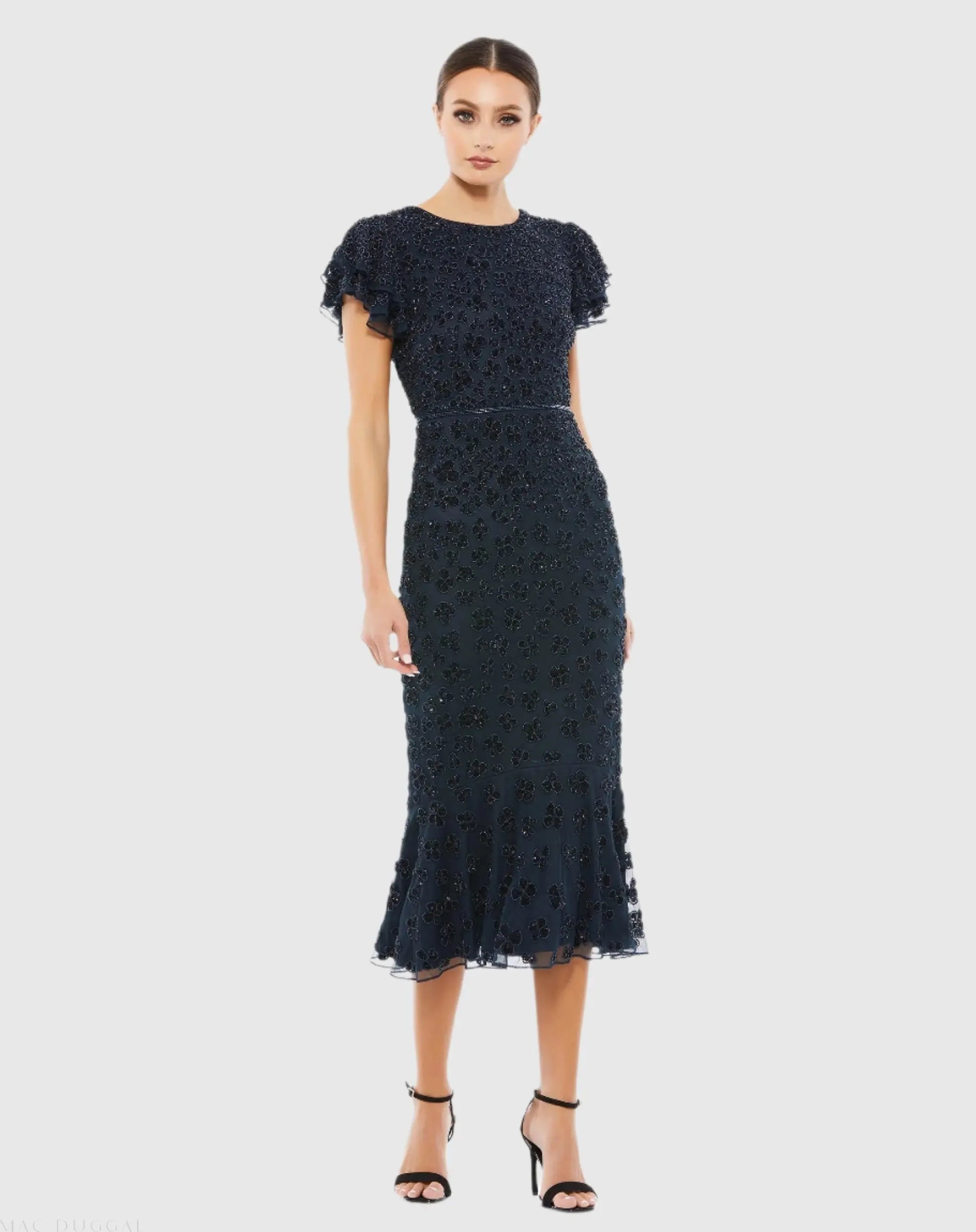Hand Beaded Flounce Sleeve Midi Dress (Rue Gilt) - Mac Duggal Hand Beaded Flounce Sleeve Midi Dress (Rue Gilt) - Mac Duggal