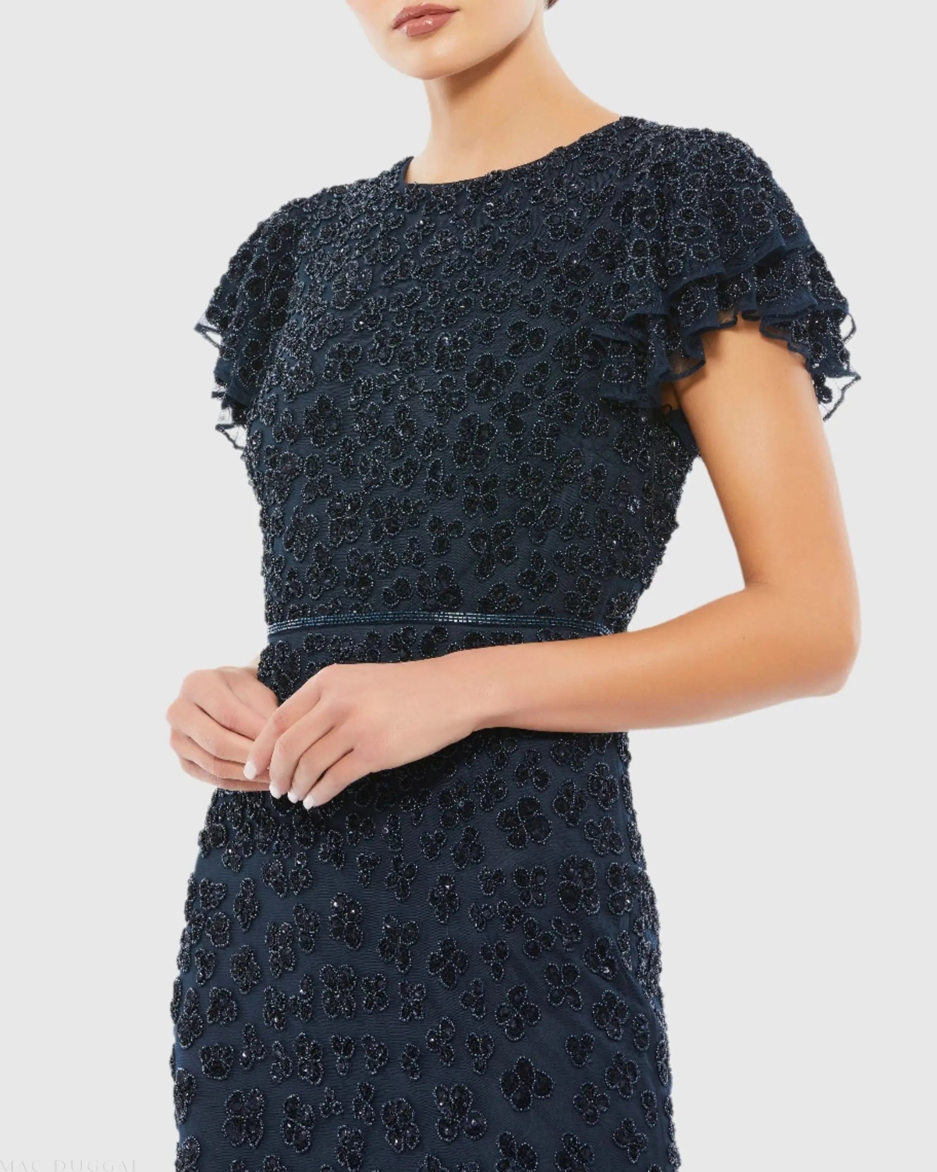 red flowy beach dress Mac Duggal Collection - Black Sleeveless Beaded Midi Dress With 3D Flowers main image 0