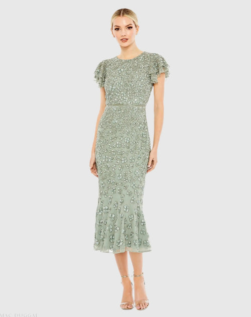 Green Hand Beaded Flounce Sleeve Midi Dress - Mac Duggal