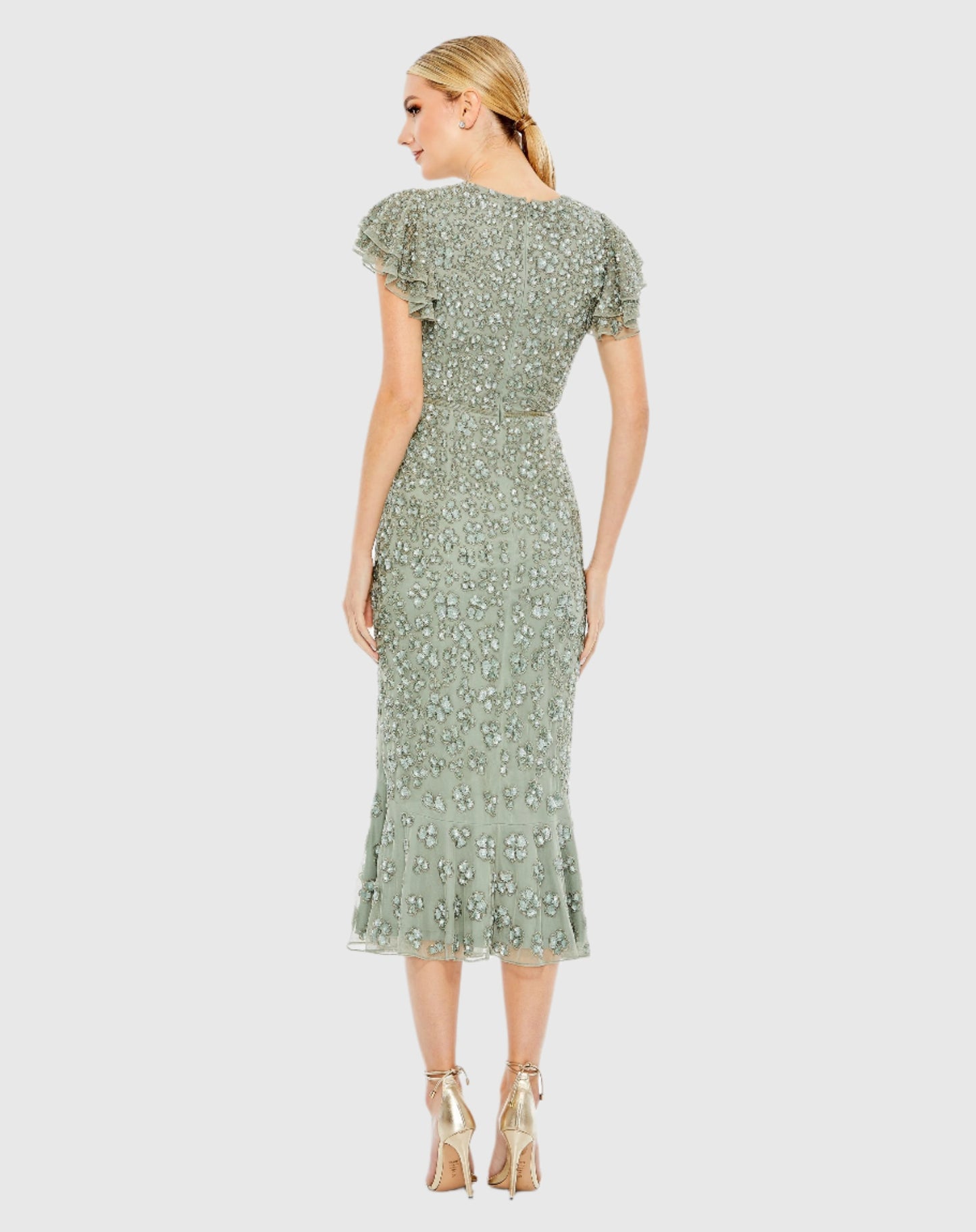 Hand Beaded Flounce Sleeve Midi Dress