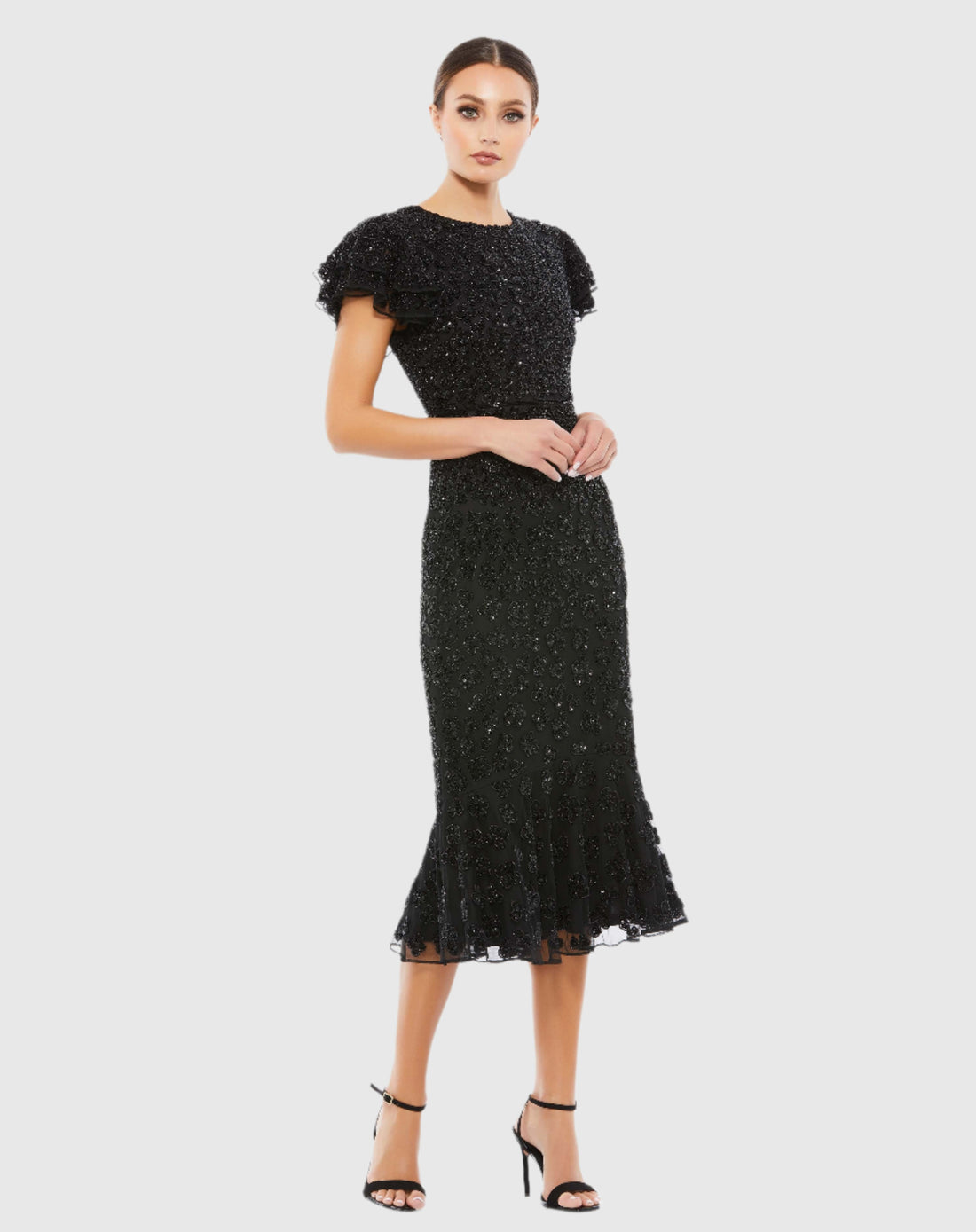 Hand Beaded Flounce Sleeve Midi Dress