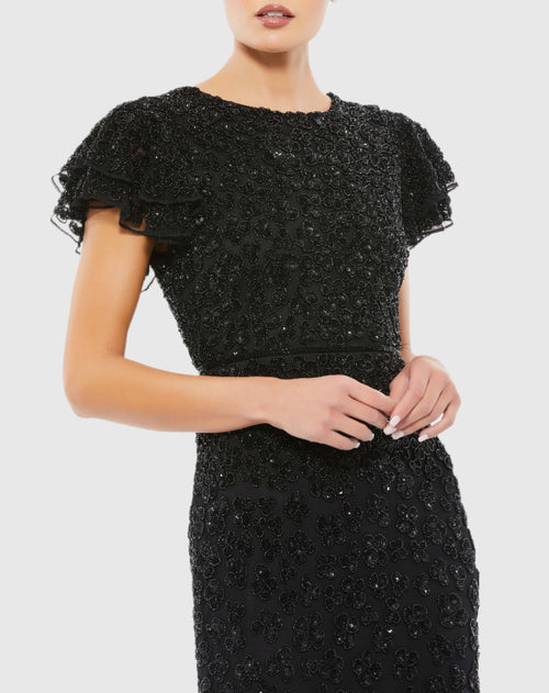 Hand Beaded Flounce Sleeve Midi Dress