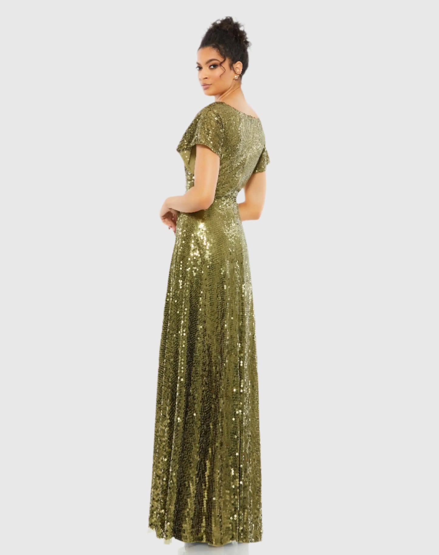 Green Sequined Butterfly Sleeve Wrap Over A Line Gown - FINAL SALE - Mac Duggal