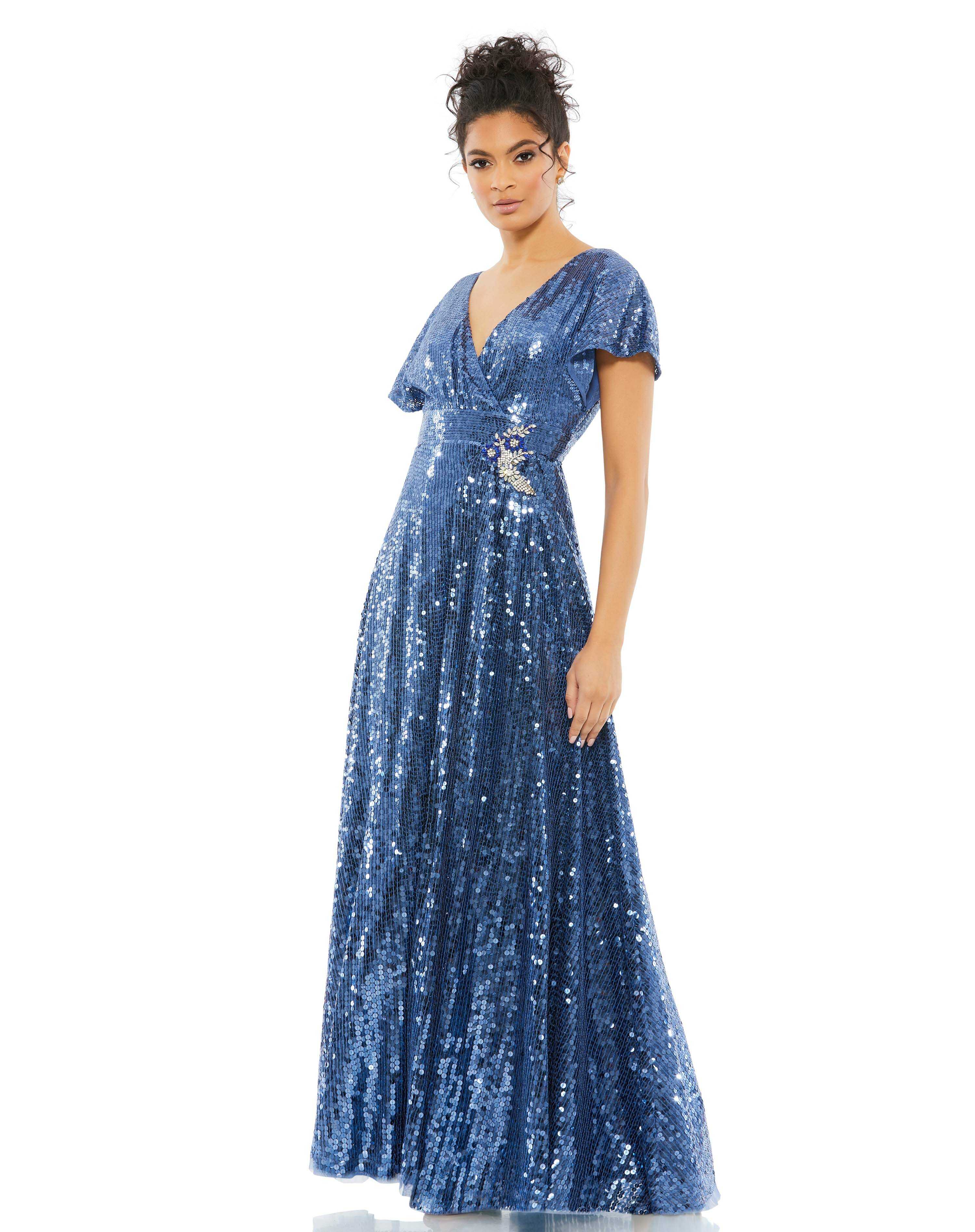 Sequined Butterfly Sleeve Wrap Over A Line Gown