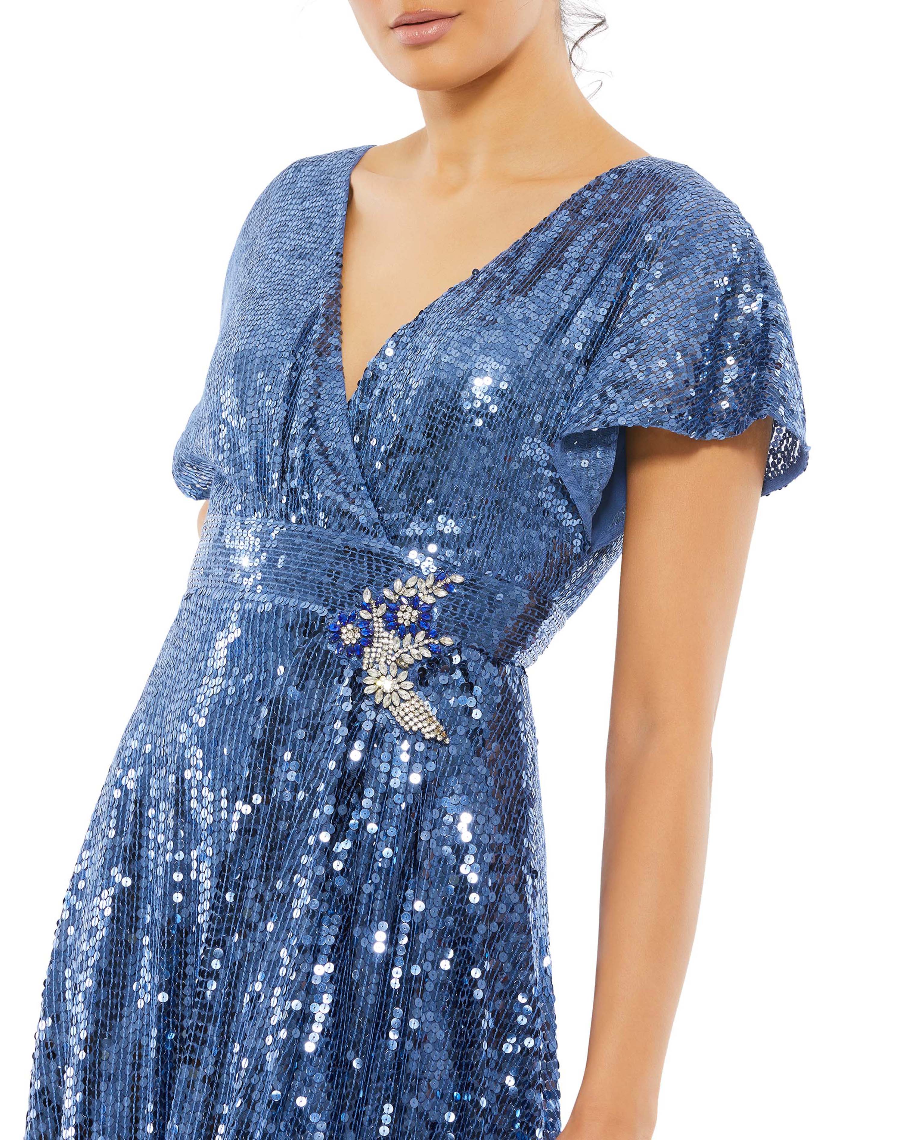 Sequined Butterfly Sleeve Wrap Over A Line Gown