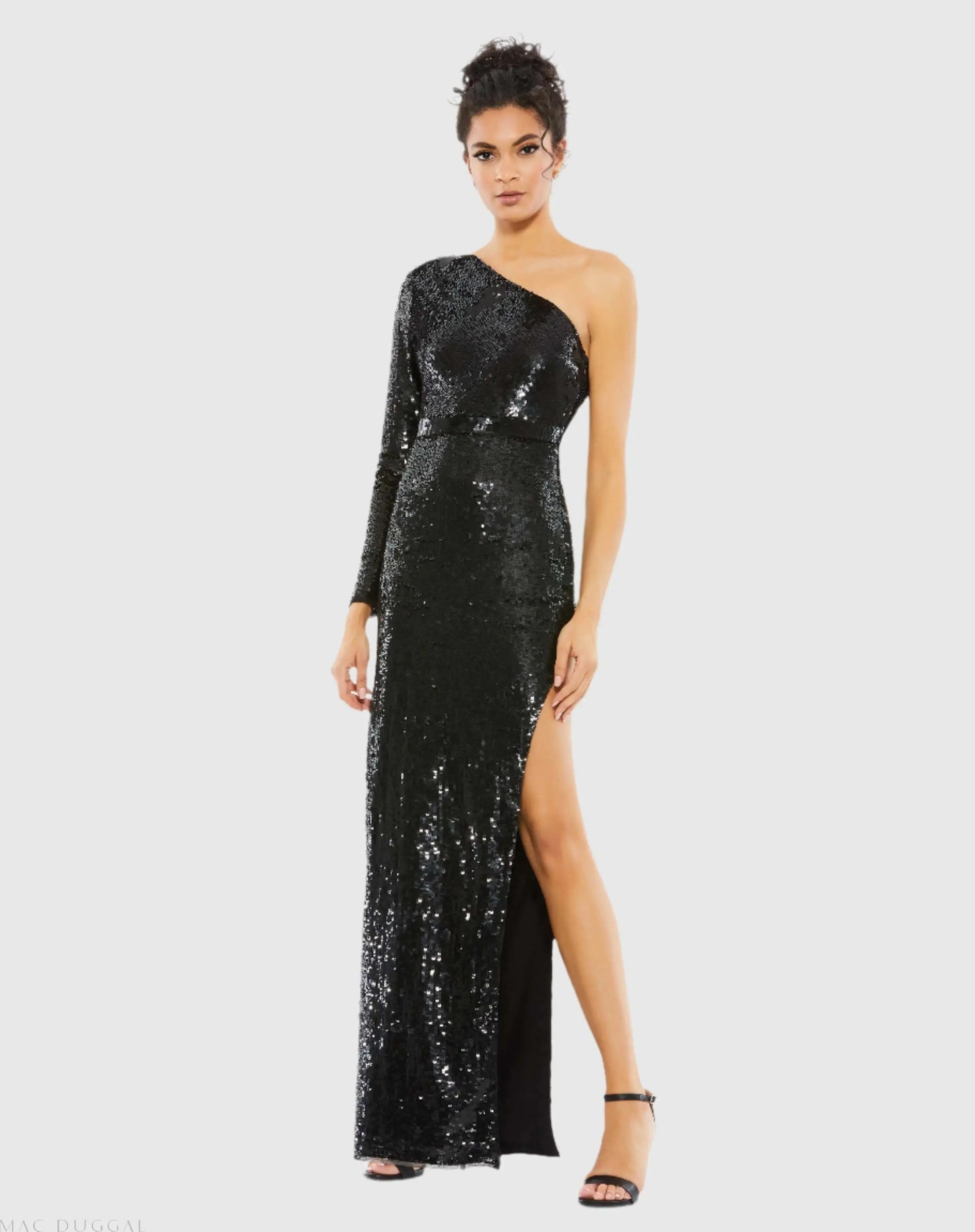 Black Sequined One Sleeve Column Gown - Mac Duggal
