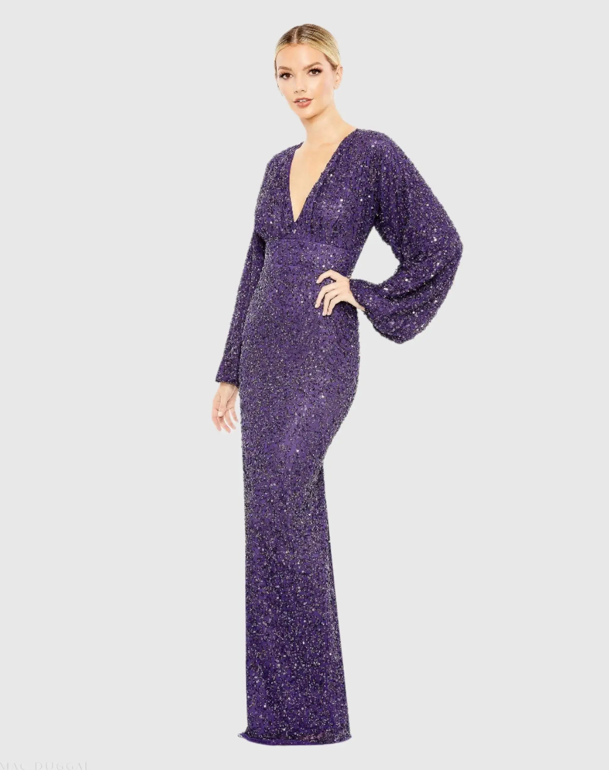 Purple Sequined Puff Sleeve V Neck Gown - Mac Duggal