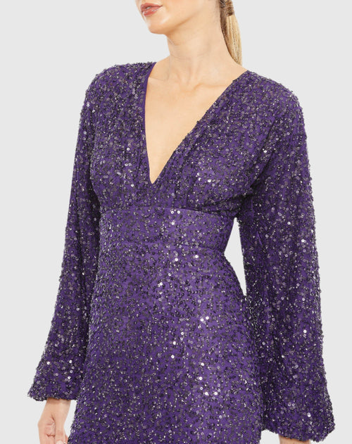 Sequined Puff Sleeve V Neck Gown