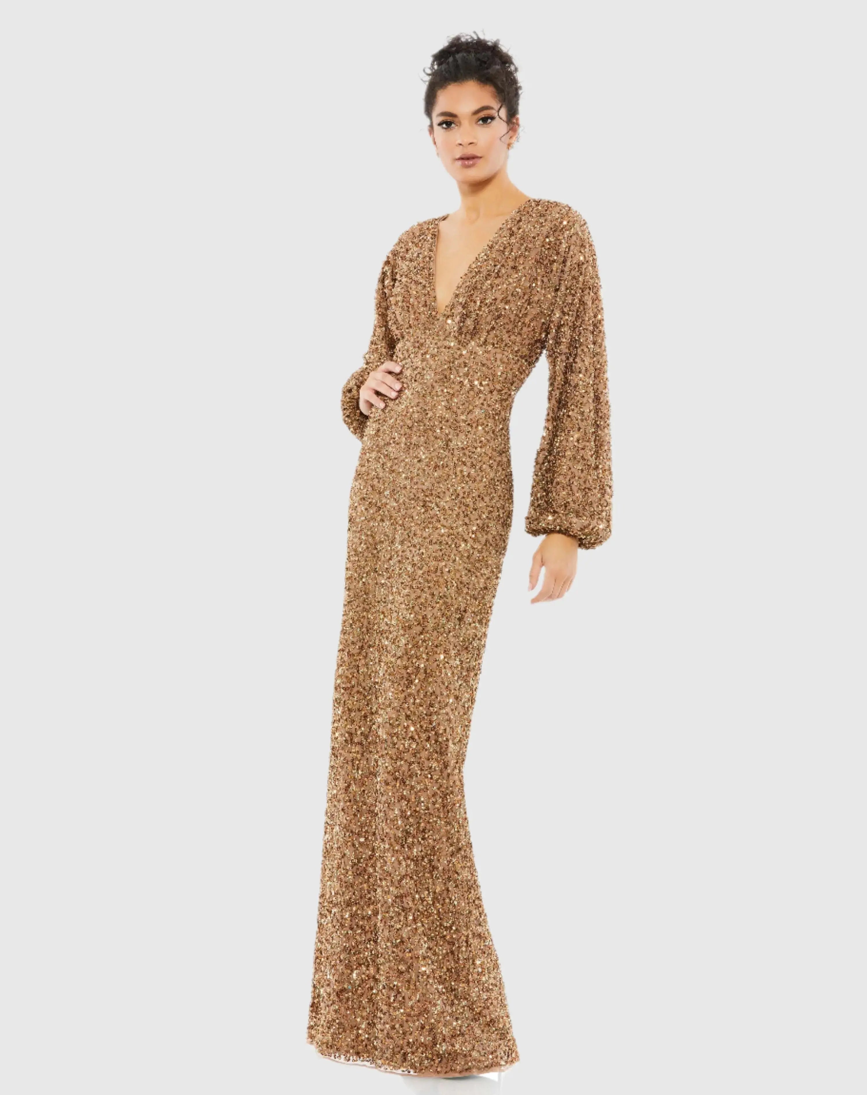 Brown Sequined Puff Sleeve V Neck Gown - Mac Duggal
