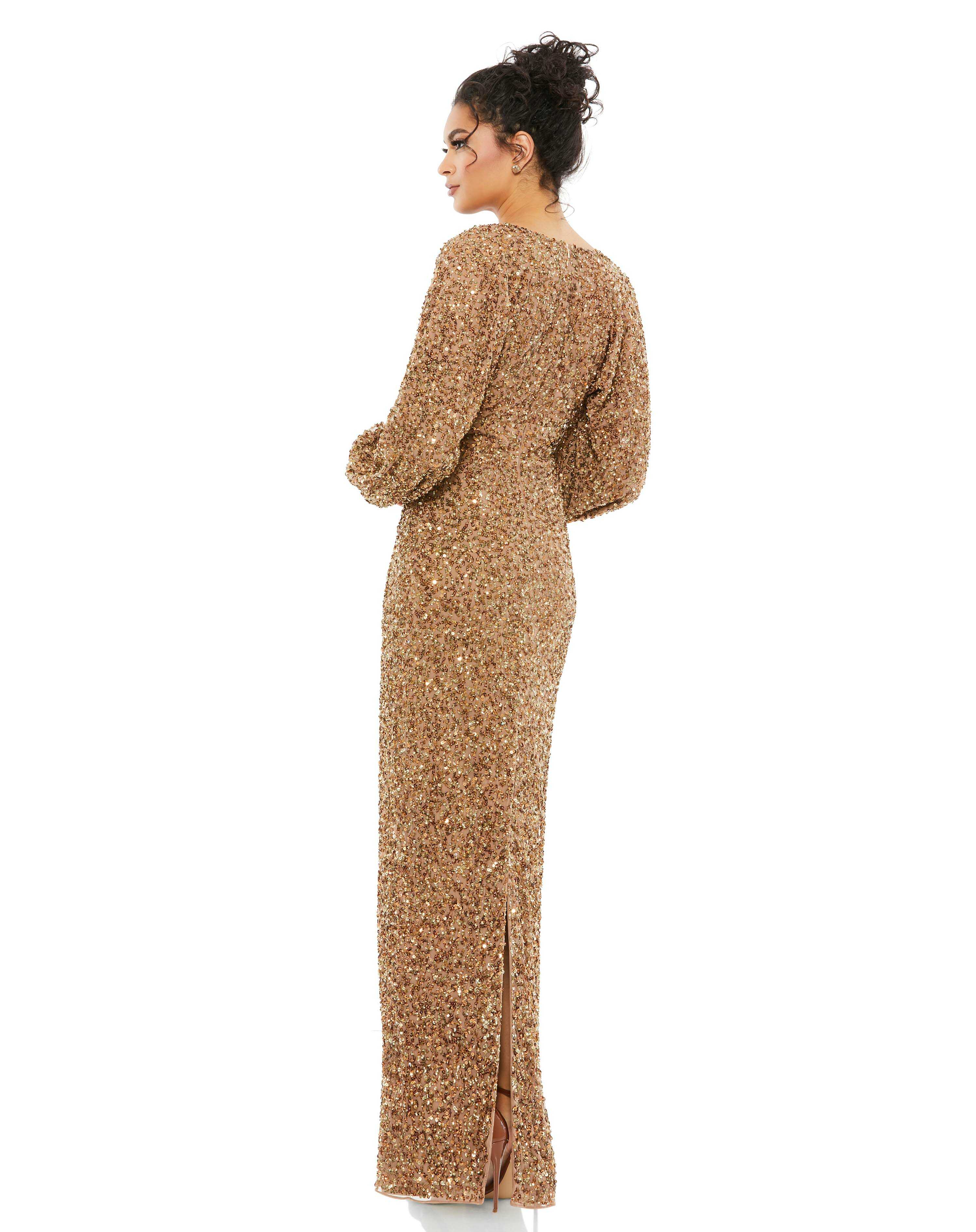 Sequined Puff Sleeve V Neck Gown